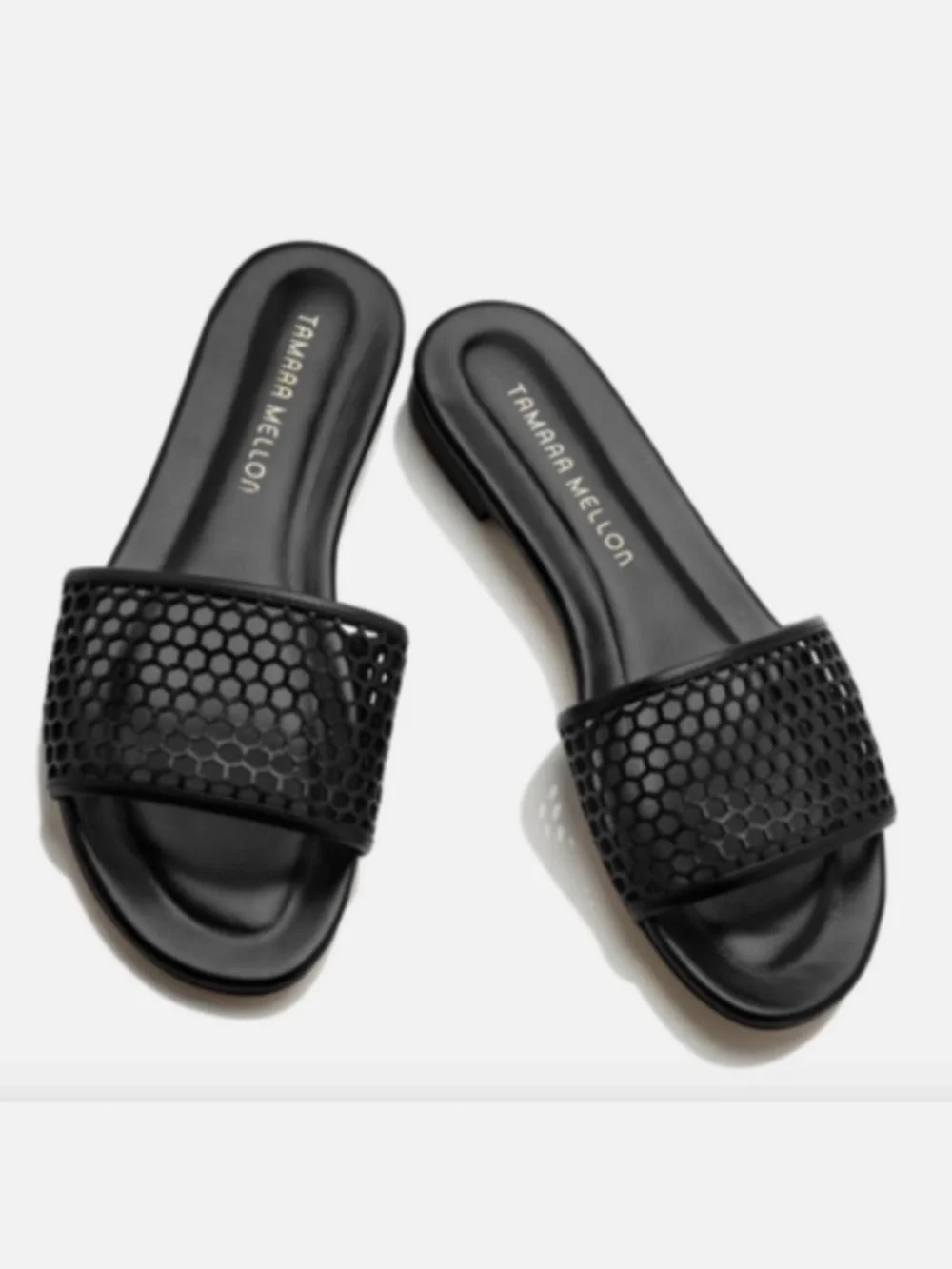 Tamara Mellon Black Perforated Slide Sandals sizes 36.5